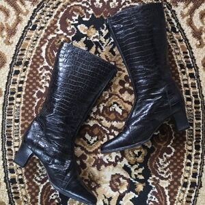 Vintage Black Shiny Leather Gogo Boots With Zipper Retro Van Dal Lizard Pattern